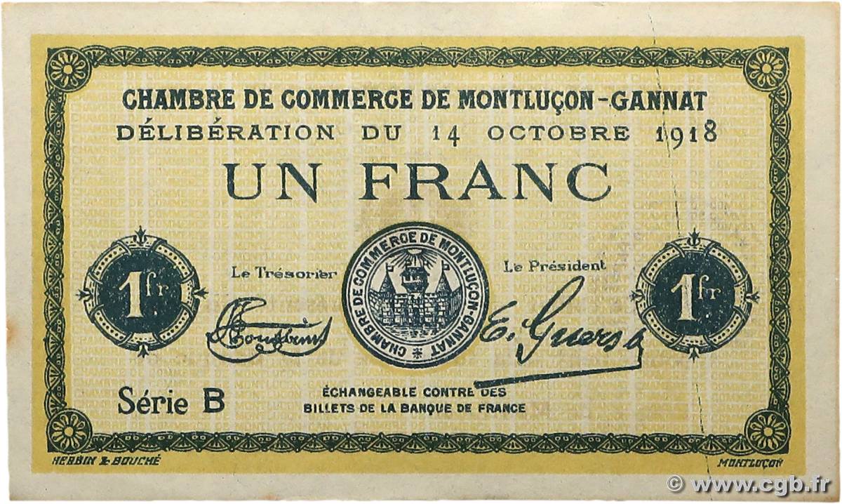 1 Franc Non émis FRANCE régionalisme et divers Montluçon, Gannat 1918 JP.084.43var SUP