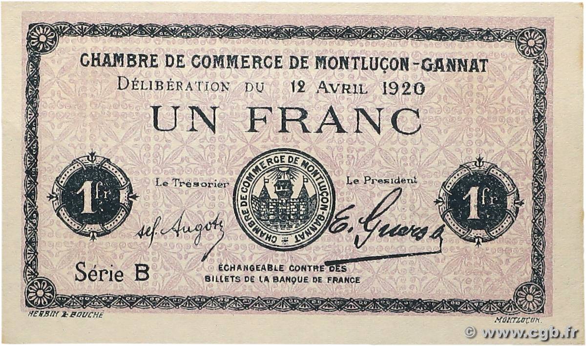 1 Franc Non émis FRANCE régionalisme et divers Montluçon, Gannat 1920 JP.084.53var SPL+
