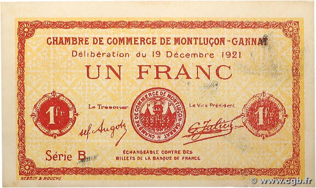 1 Franc Non émis FRANCE régionalisme et divers Montluçon, Gannat 1921 JP.084.64var SPL