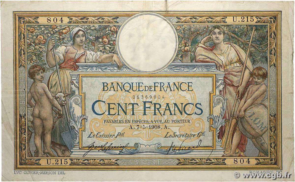 100 Francs LUC OLIVIER MERSON avec LOM FRANCE  1908 F.22.01 TB