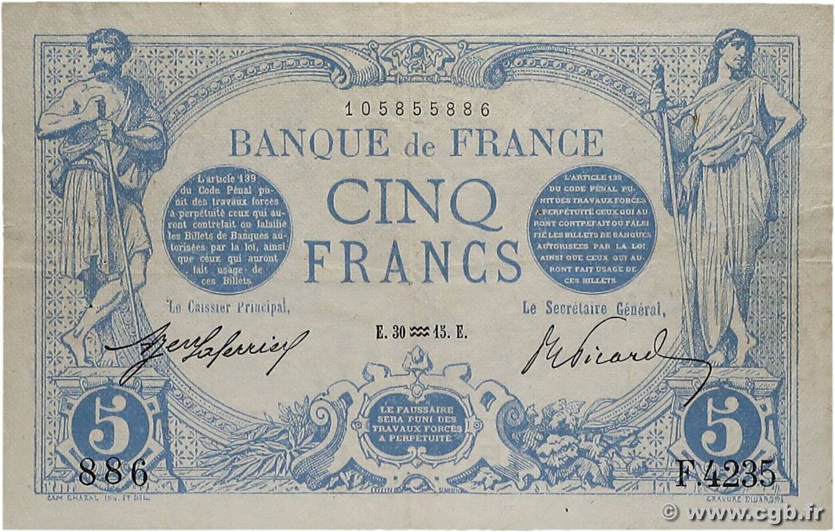 5 Francs BLEU FRANCE  1915 F.02.23 TTB