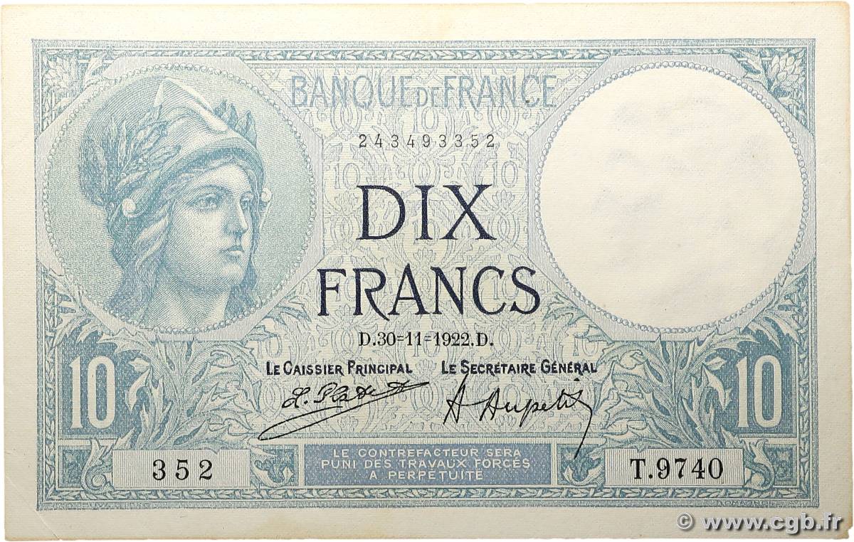10 Francs MINERVE FRANCE  1922 F.06.06 VF