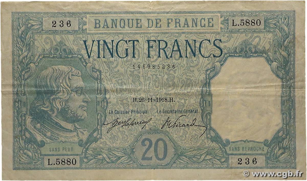 20 Francs BAYARD FRANCE  1918 F.11.03a pr.TTB