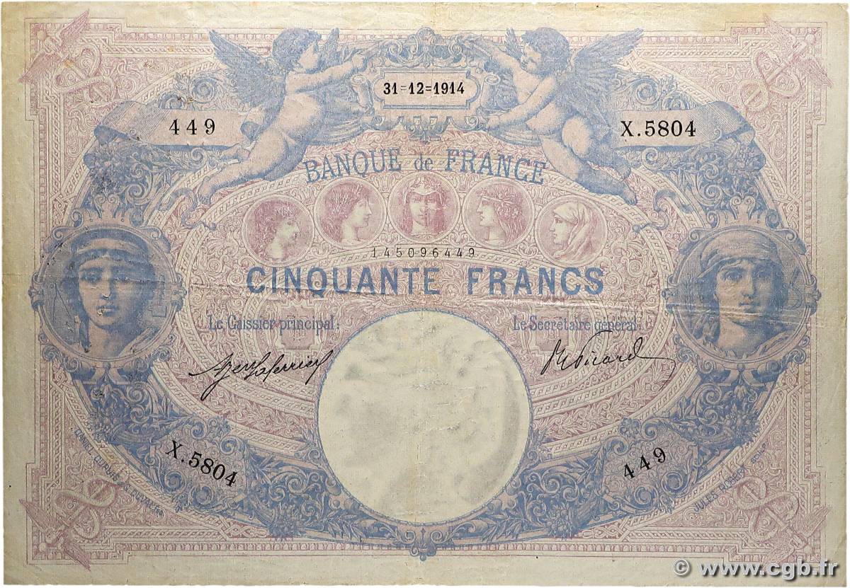 50 Francs BLEU ET ROSE FRANCE  1914 F.14.27 TB+