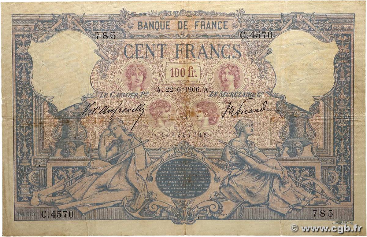 100 Francs BLEU ET ROSE FRANCE  1906 F.21.20 TB