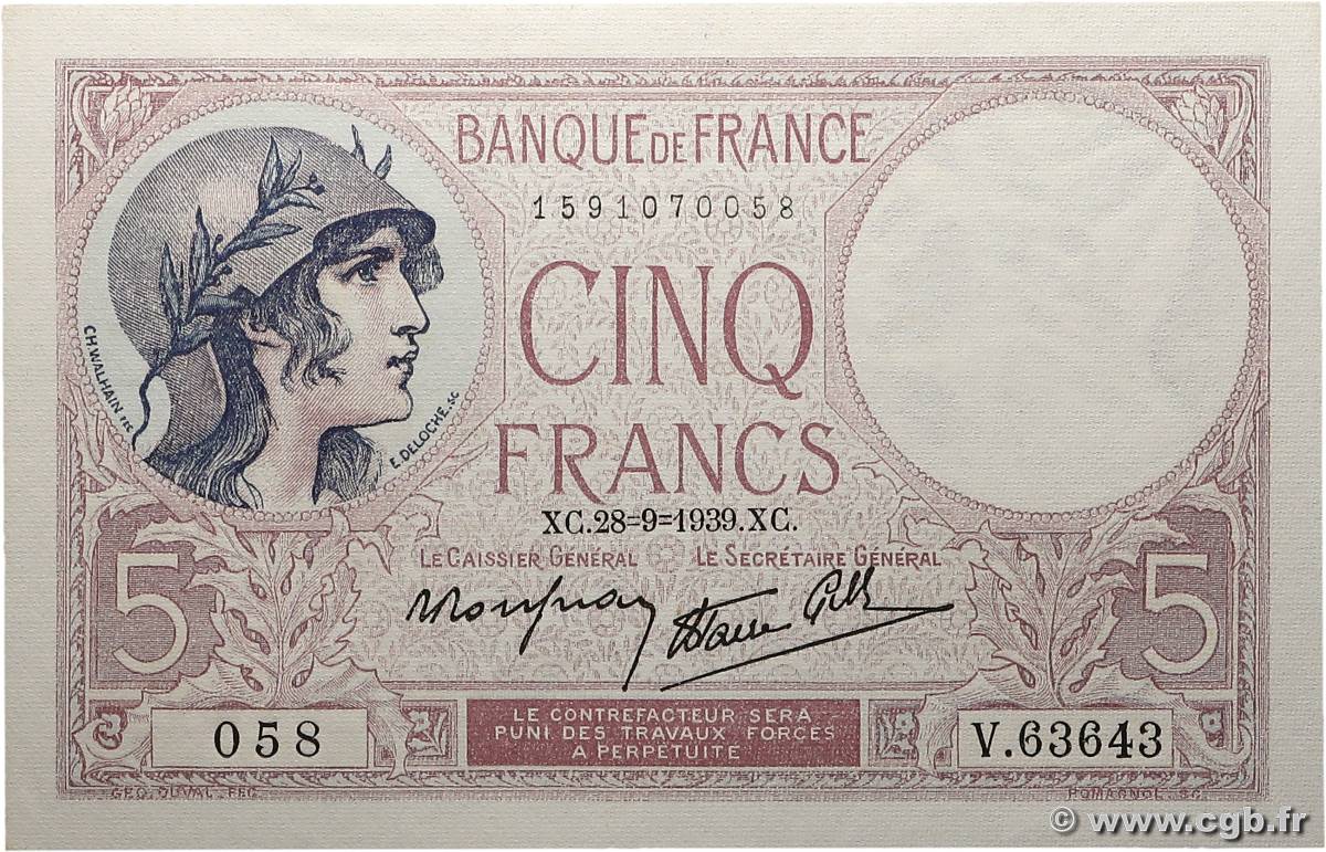 5 Francs FEMME CASQUÉE modifié FRANCE  1939 F.04.10 UNC-