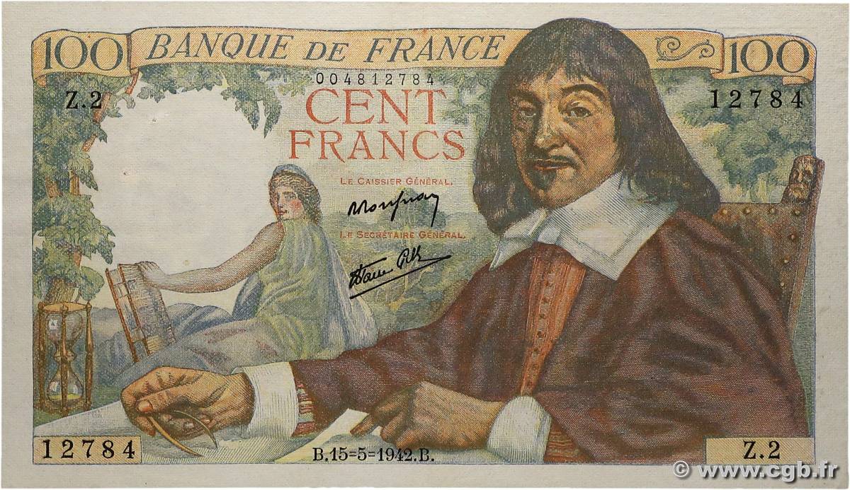 100 Francs DESCARTES FRANCE  1942 F.27.01 SUP