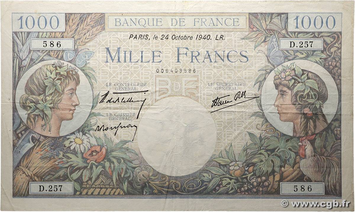 1000 Francs COMMERCE ET INDUSTRIE FRANCE  1940 F.39.01 VF