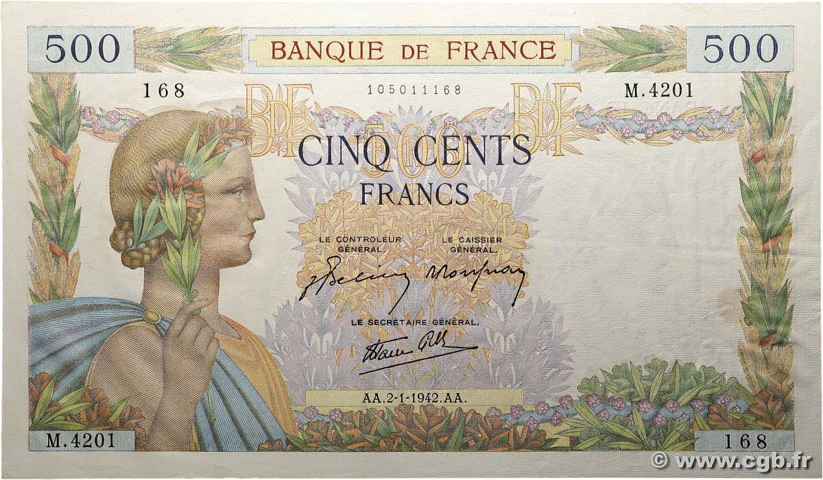 500 Francs LA PAIX FRANCE  1942 F.32.26 XF+