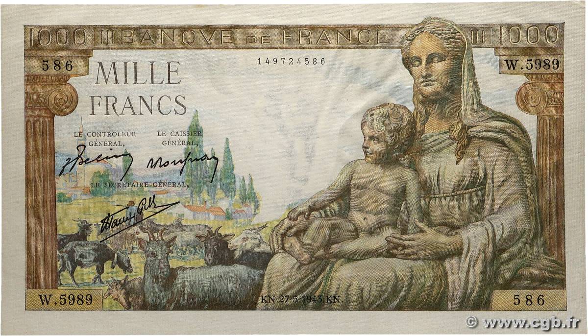 1000 Francs DÉESSE DÉMÉTER FRANCE  1943 F.40.25 SPL