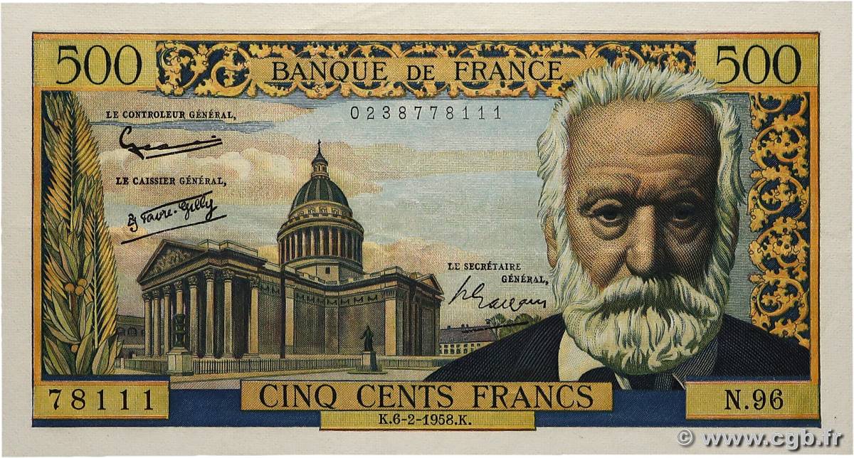 500 Francs VICTOR HUGO FRANCE  1958 F.35.08 TTB+