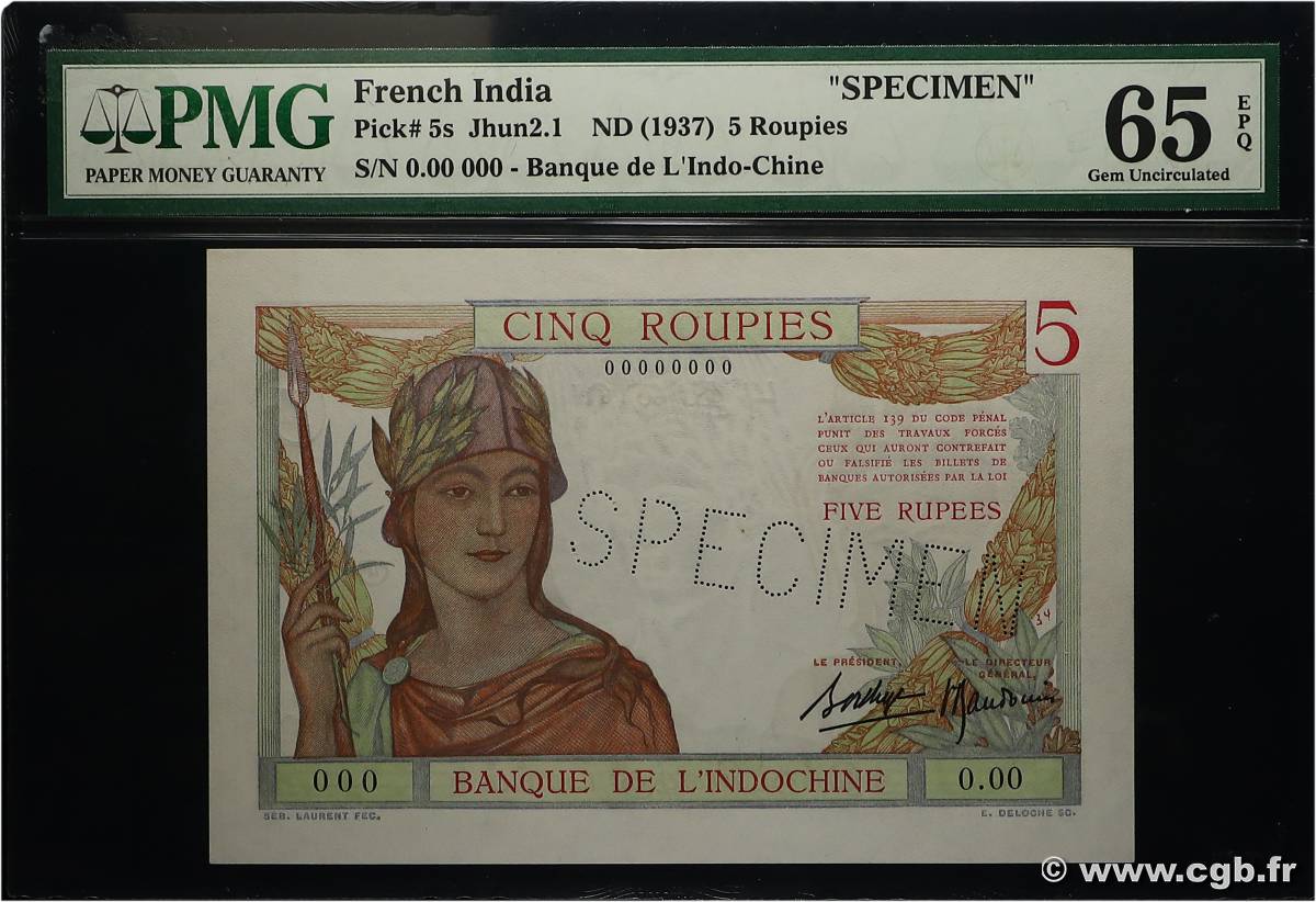 5 Roupies Spécimen INDE FRANÇAISE  1945 P.05s NEUF