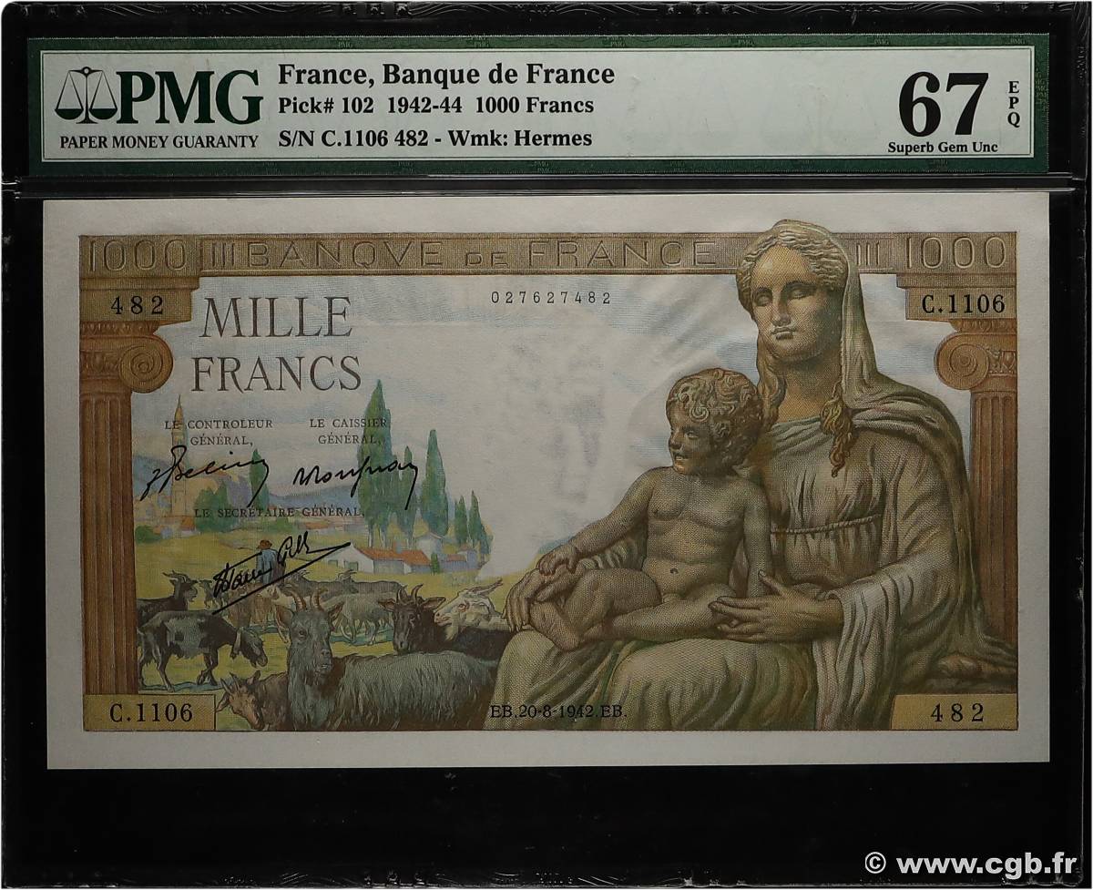 1000 Francs DÉESSE DÉMÉTER FRANCE  1942 F.40.05 NEUF