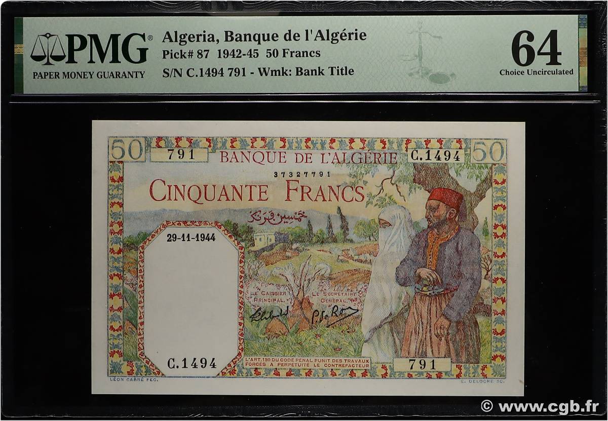 50 Francs ALGÉRIE  1944 P.087 pr.NEUF