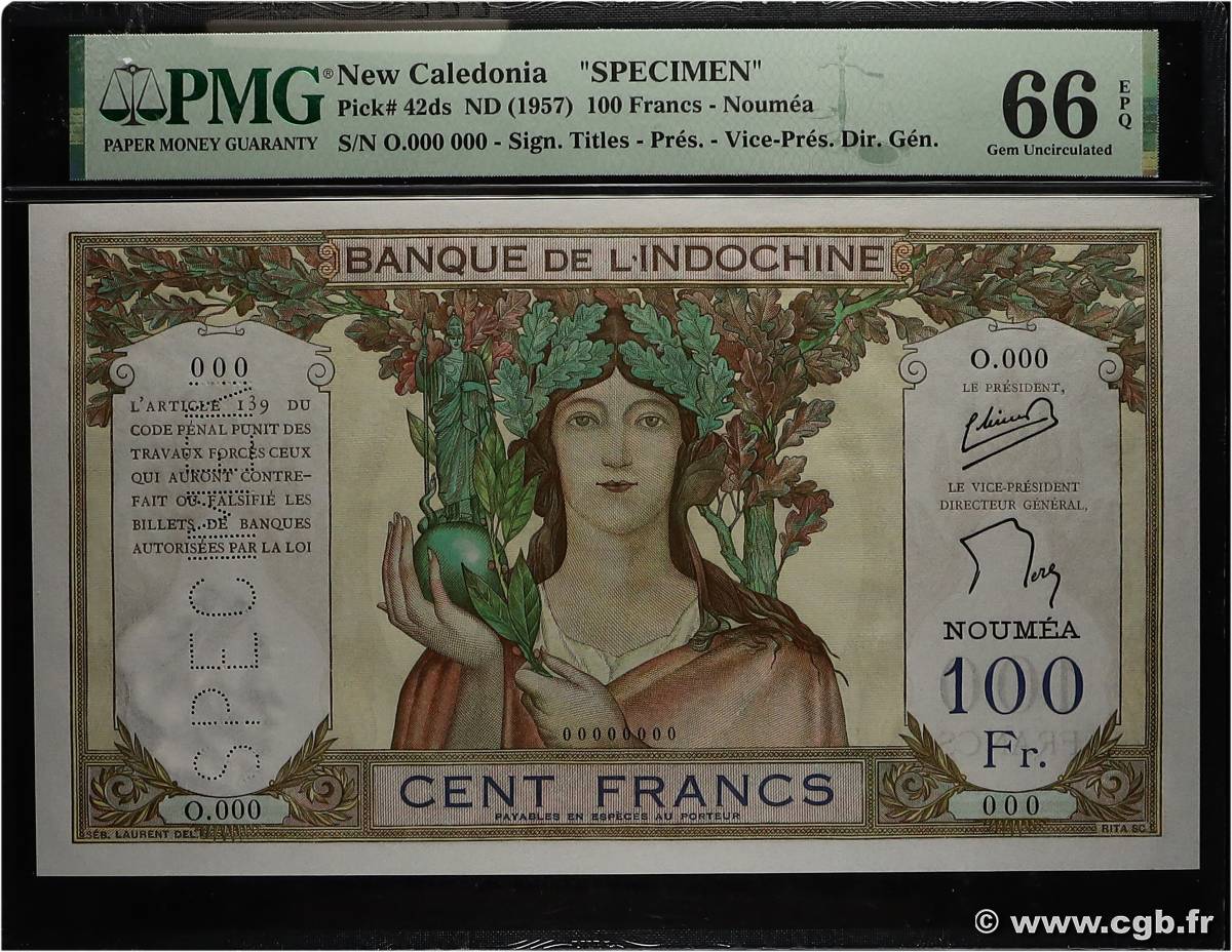 100 Francs Spécimen NOUVELLE CALÉDONIE  1957 P.42ds NEUF