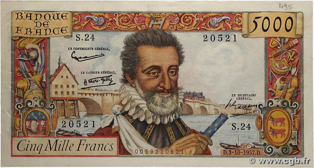 5000 Francs HENRI IV FRANCE  1957 F.49.03 TTB+