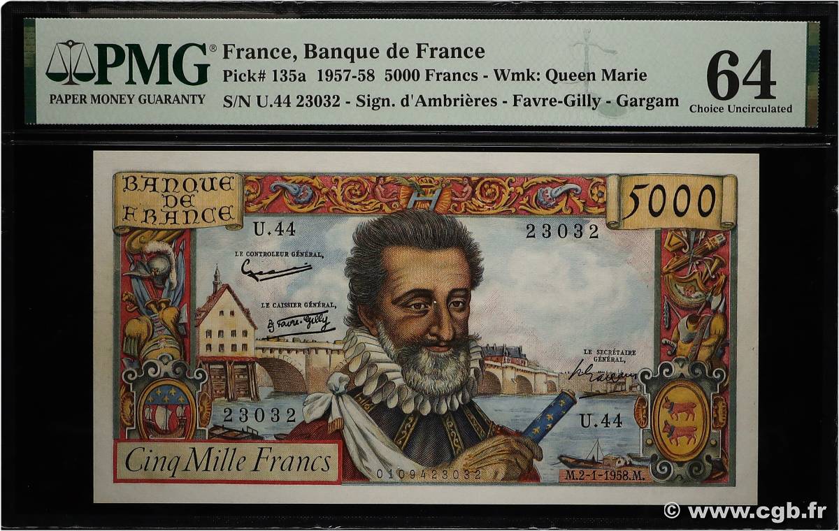 5000 Francs HENRI IV Numéro radar FRANCE  1958 F.49.05 pr.NEUF