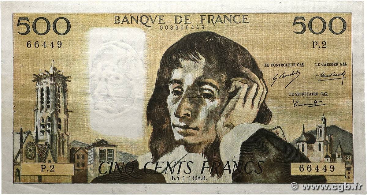 500 Francs PASCAL FRANCE  1968 F.71.01 F+