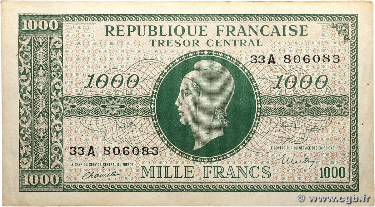1000 Francs MARIANNE BANQUE D ANGLETERRE FRANCE  1945 VF.12.01 TTB