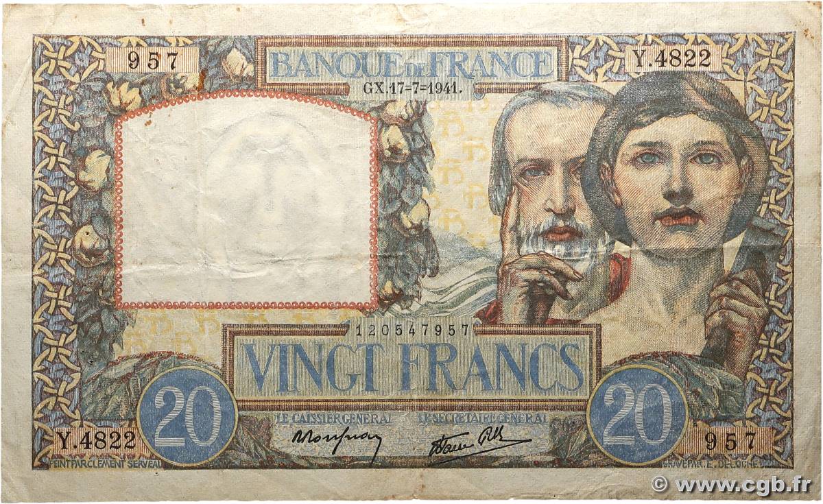 20 Francs TRAVAIL ET SCIENCE FRANCE  1941 F.12.16 F+