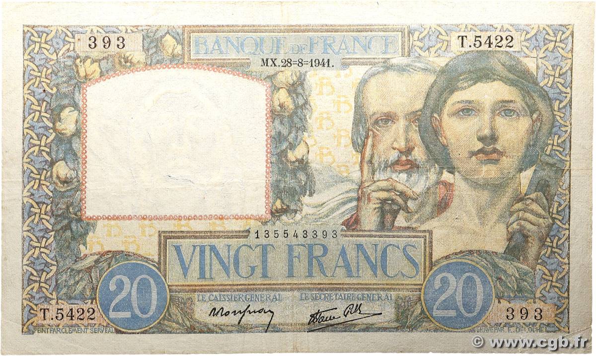 20 Francs TRAVAIL ET SCIENCE FRANCE  1941 F.12.17 F