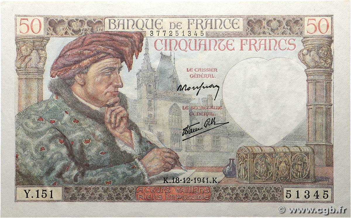 50 Francs JACQUES CŒUR FRANCE  1941 F.19.17 SPL