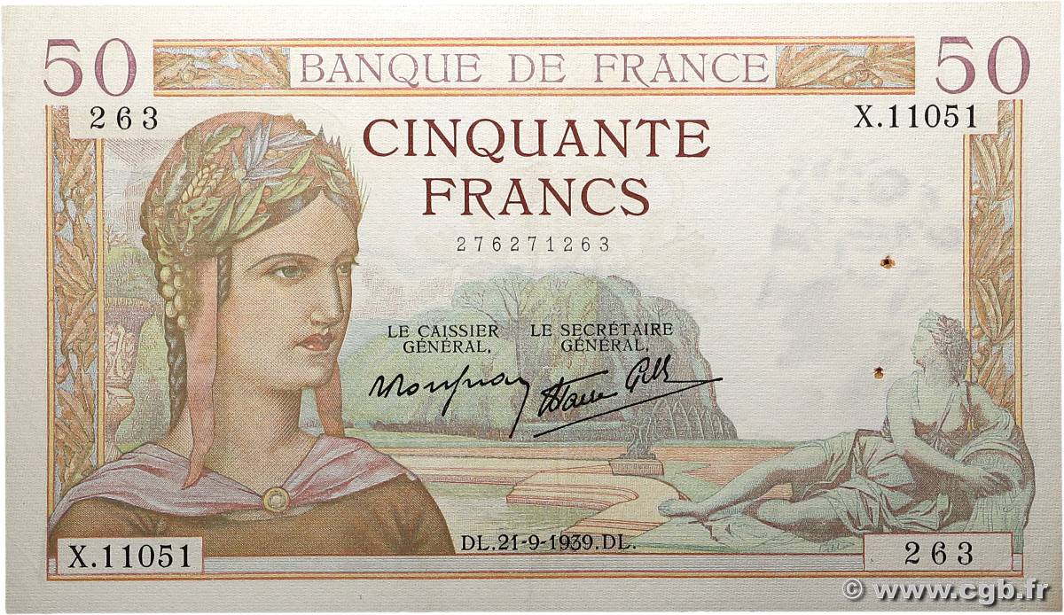 50 Francs CÉRÈS modifié FRANCE  1939 F.18.31 TTB