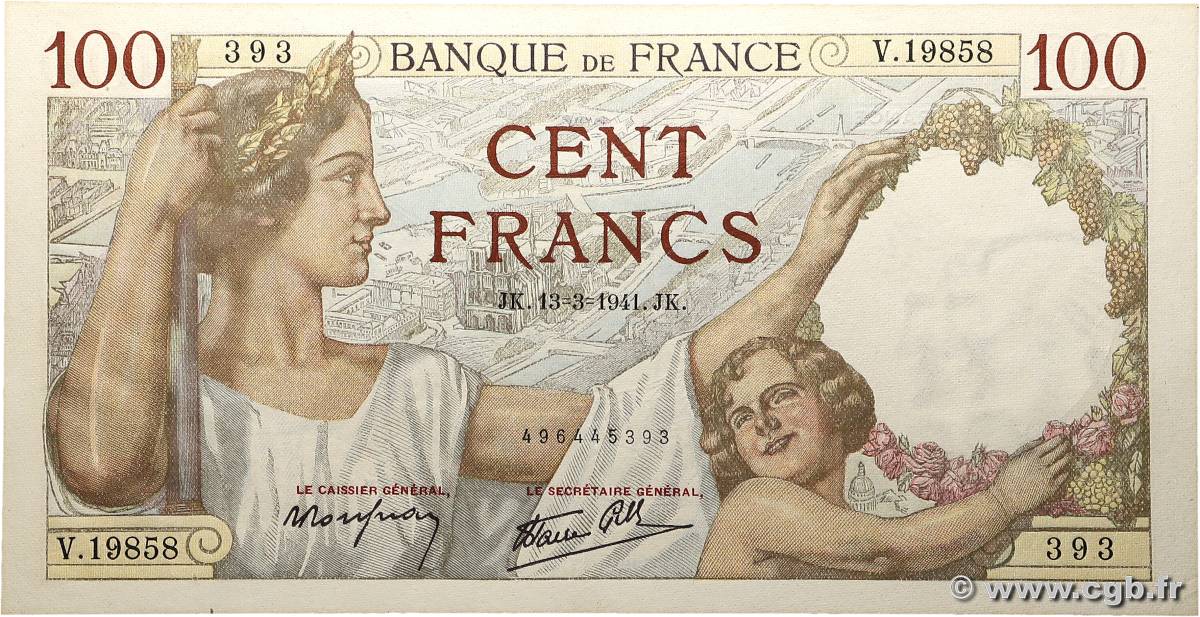 100 Francs SULLY FRANCE  1941 F.26.48 UNC-