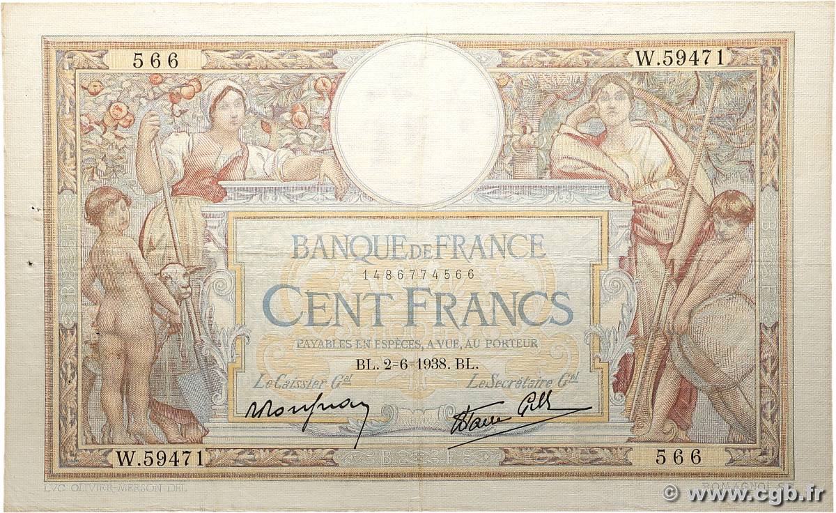 100 Francs LUC OLIVIER MERSON type modifié FRANCE  1938 F.25.21 VF