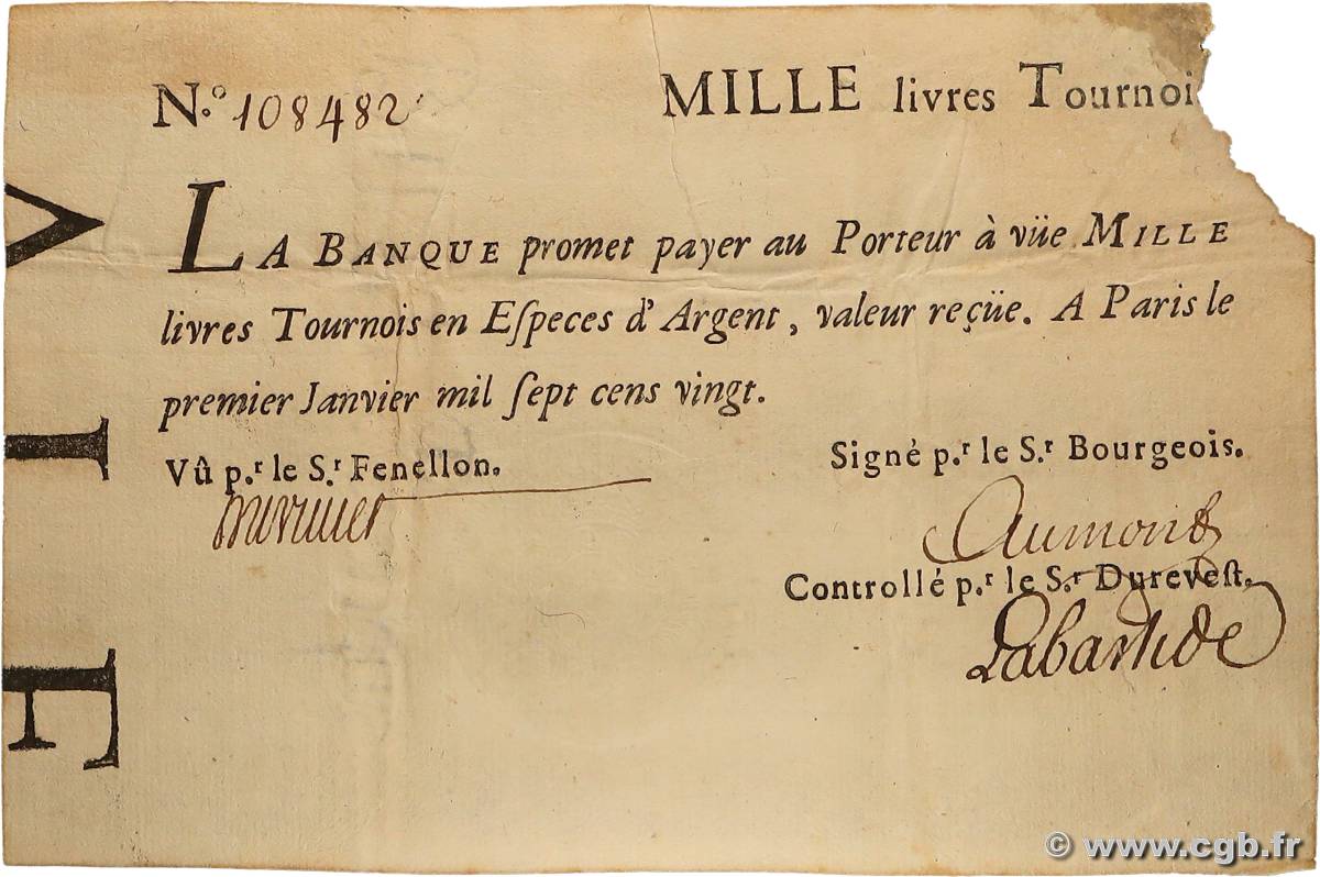 1000 Livres Tournois typographié Faux FRANCIA  1720 Dor.29x q.BB