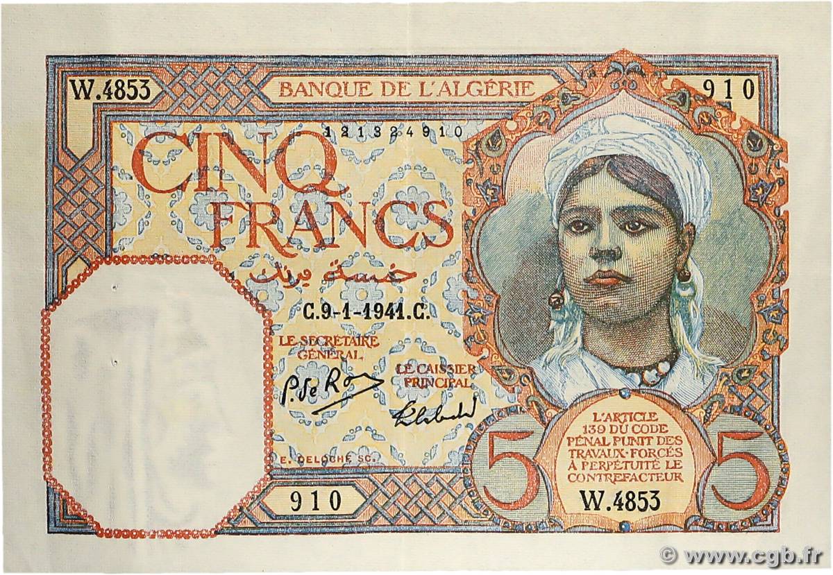 5 Francs ALGÉRIE  1941 P.077a TTB+