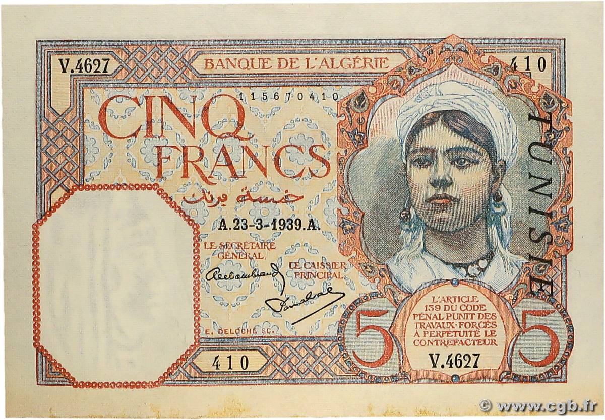 5 Francs TUNISIA  1939 P.08b AU