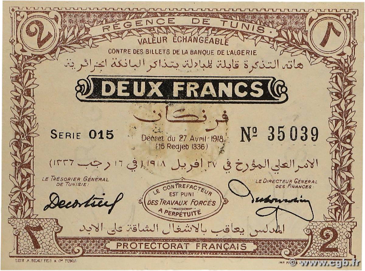 2 Francs TUNISIA  1918 P.37c AU
