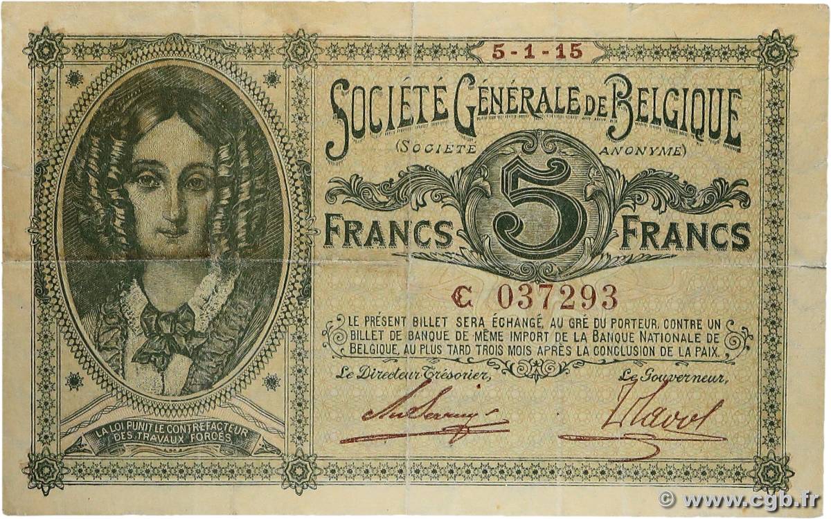 5 Francs BELGIQUE  1915 P.088 pr.TTB