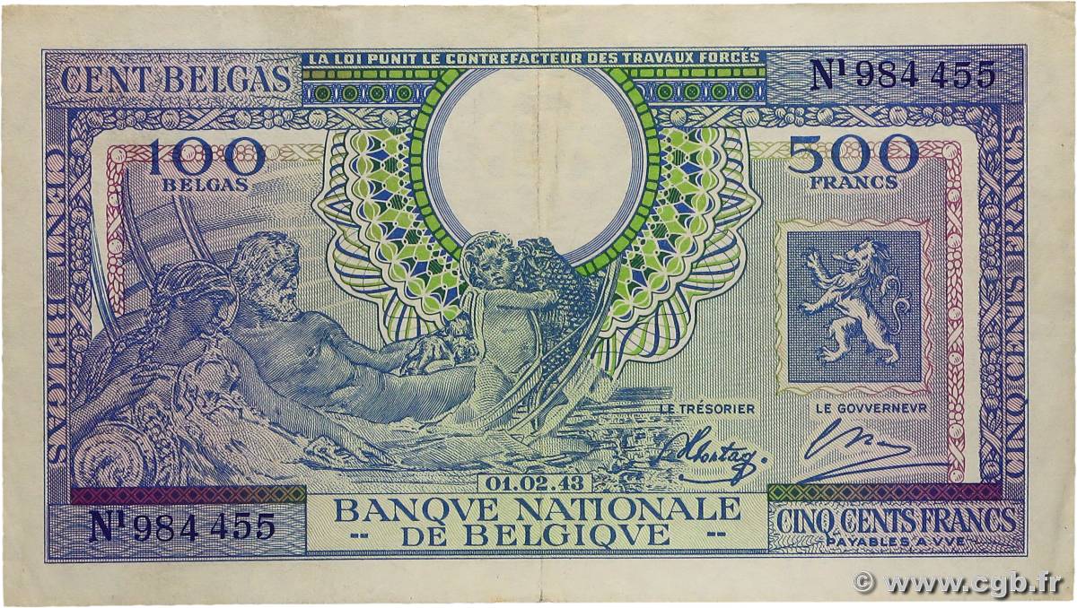 500 Francs - 100 Belgas BELGIQUE  1943 P.124 TTB