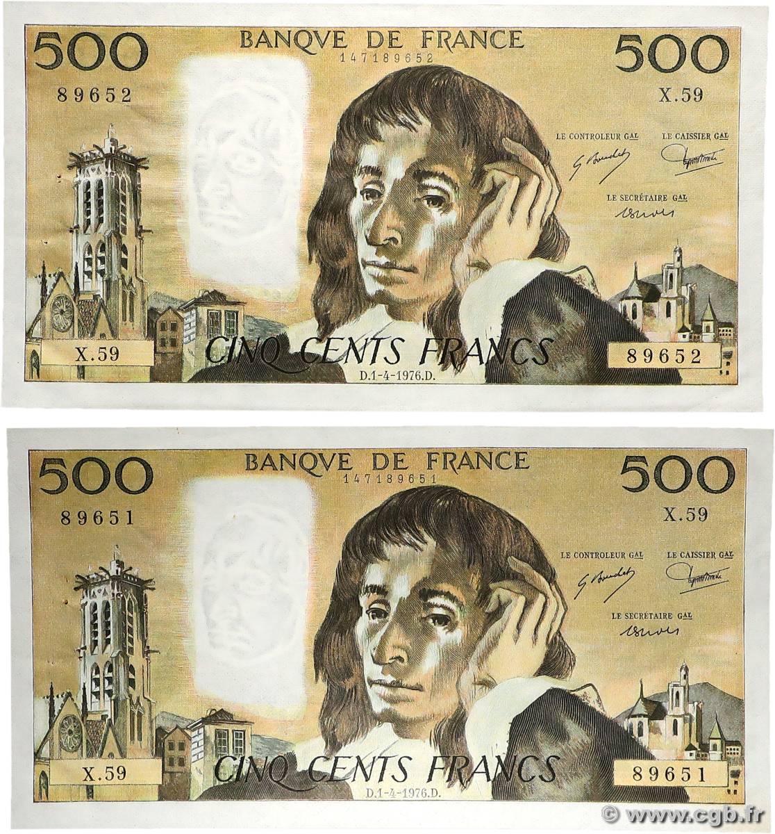 500 Francs PASCAL Consécutifs FRANCE  1976 F.71.14 SUP+