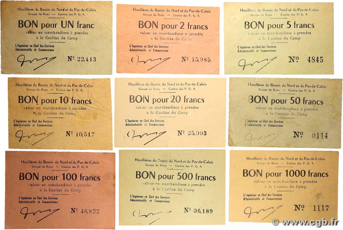 1 au 1000 Francs Lot FRANCE régionalisme et divers Bruay 1945 K.067.01 au 10 TTB