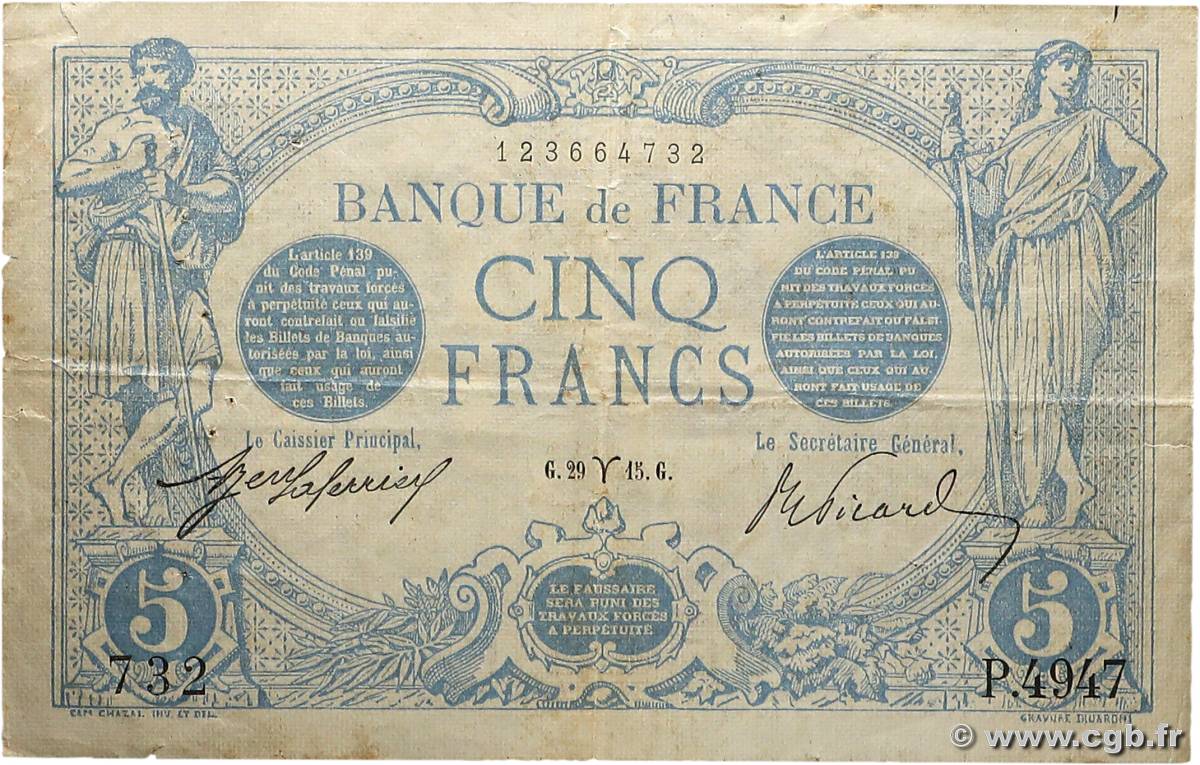 5 Francs BLEU FRANCE  1915 F.02.25 TB+
