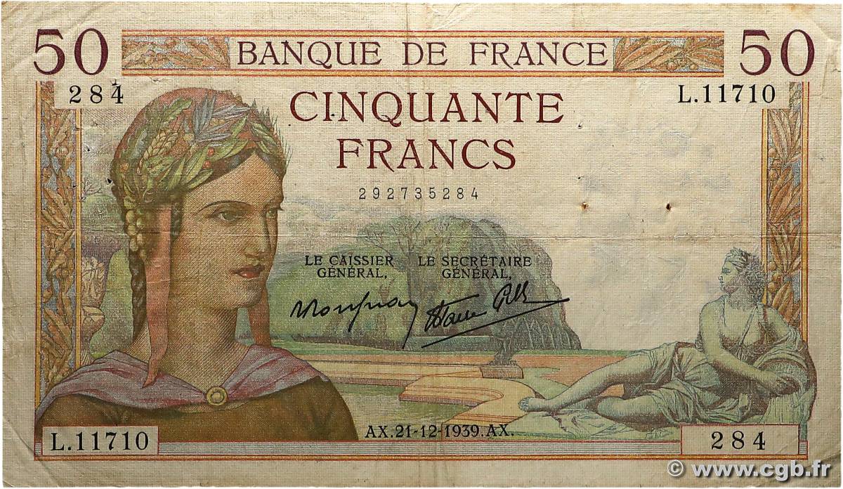 50 Francs CÉRÈS modifié FRANCE  1939 F.18.36 VG