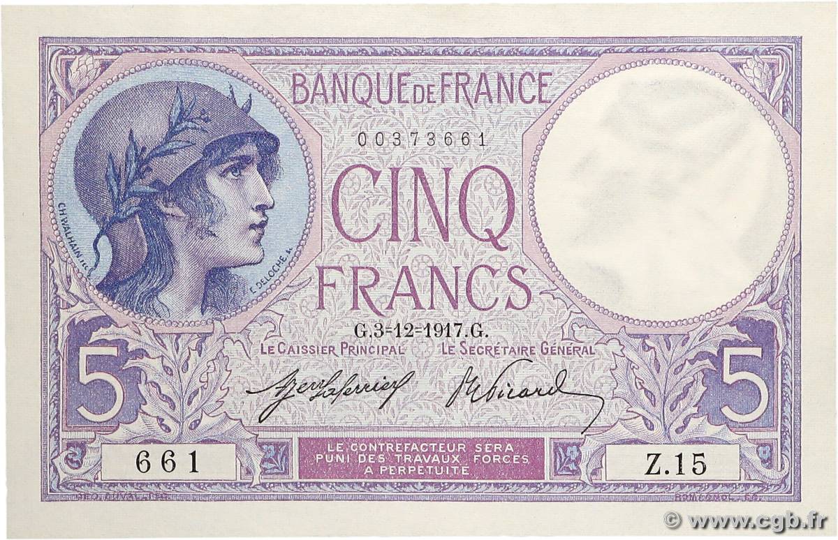 5 Francs FEMME CASQUÉE FRANCE  1917 F.03.01 UNC