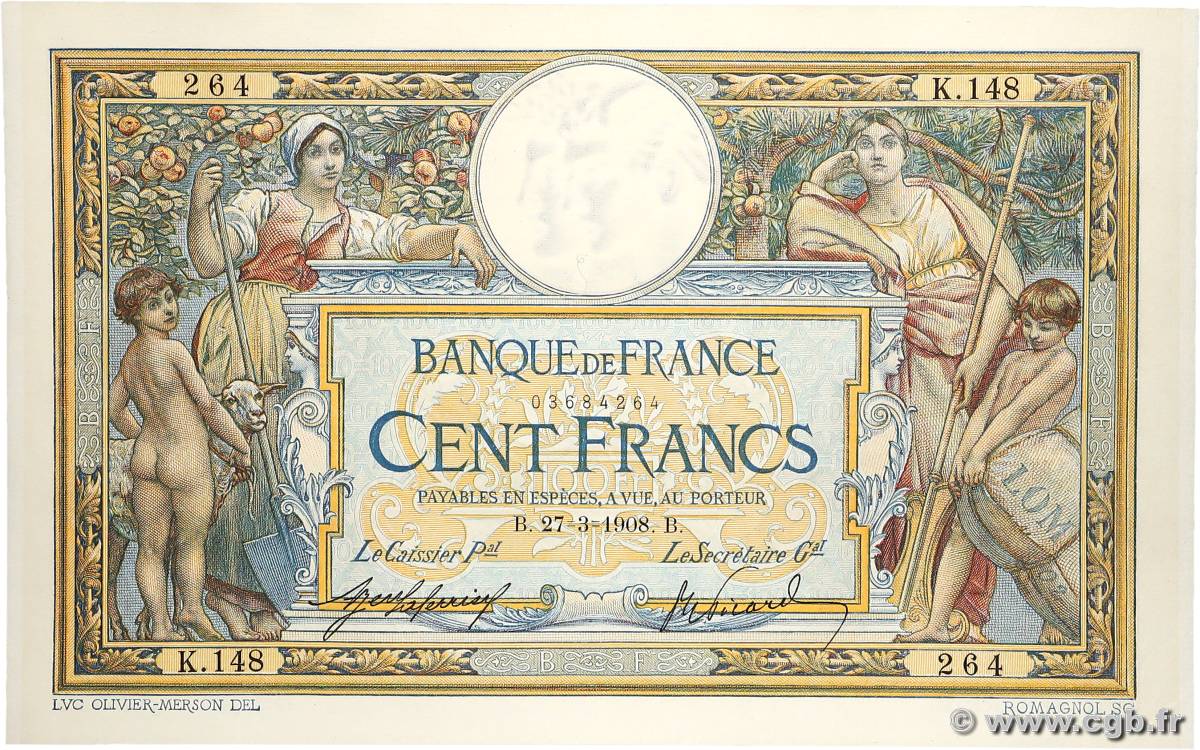 100 Francs LUC OLIVIER MERSON avec LOM FRANCE  1908 F.22.01 pr.SPL