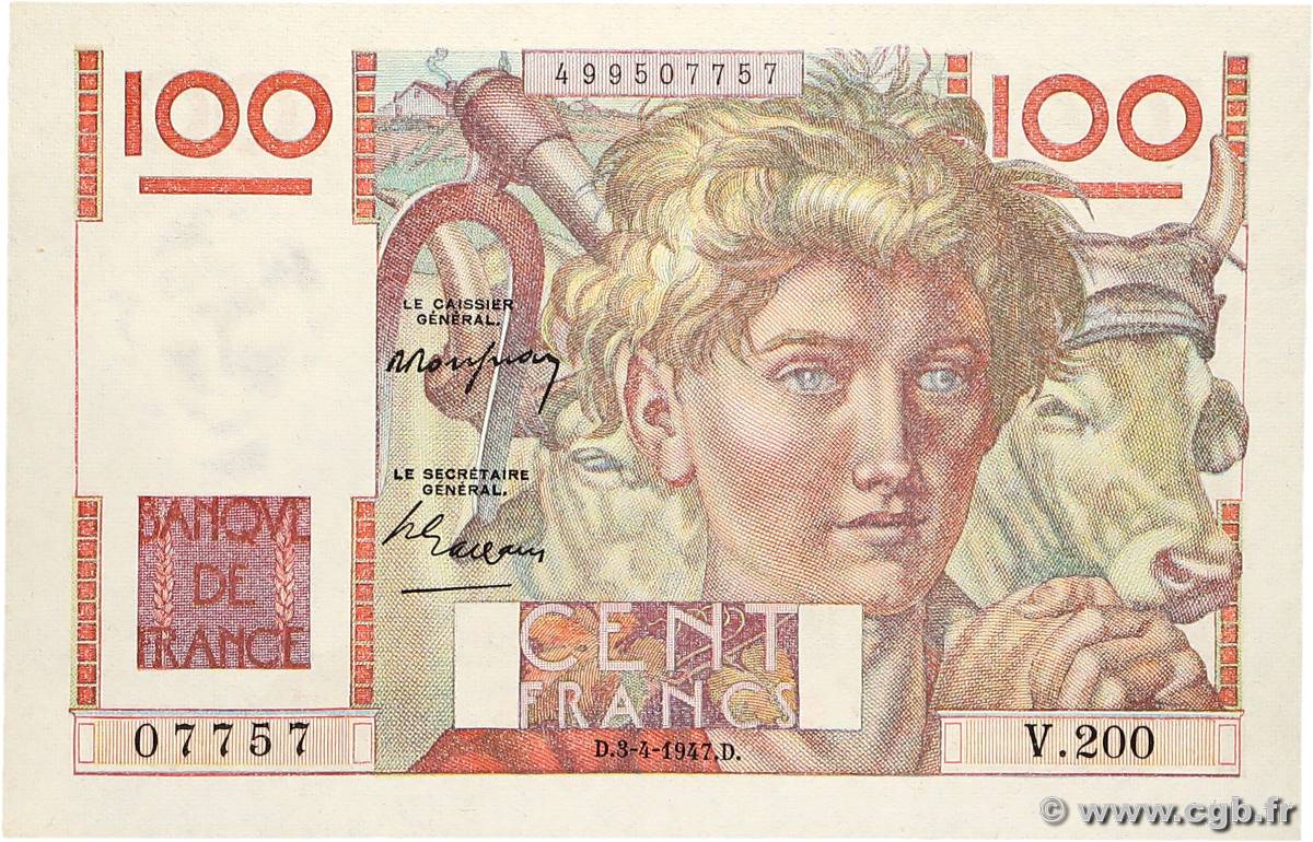 100 Francs JEUNE PAYSAN FRANCE  1947 F.28.14 NEUF