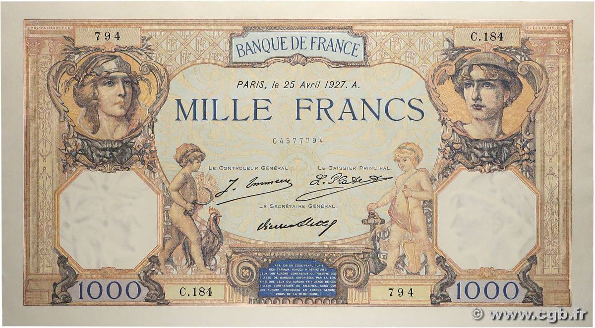1000 Francs CÉRÈS ET MERCURE FRANCE  1927 F.37.01 SPL