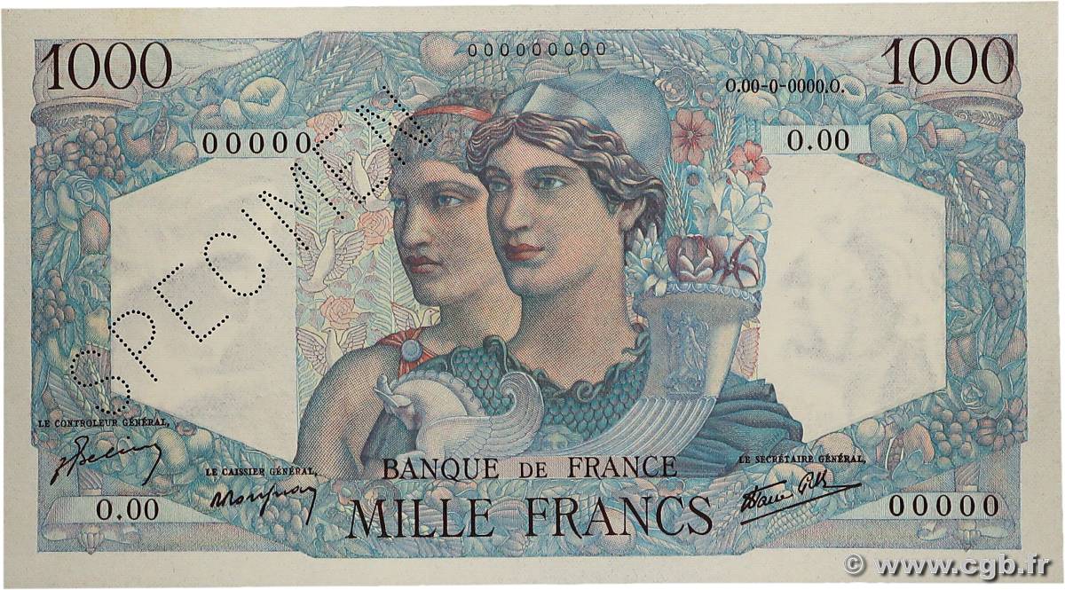 1000 Francs MINERVE ET HERCULE Spécimen FRANCE  1945 F.41.01Sp1 pr.NEUF