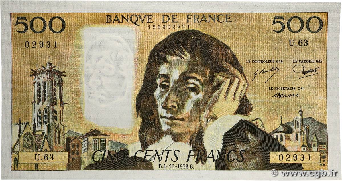 500 Francs PASCAL FRANCE  1976 F.71.15 NEUF