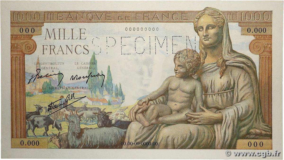 1000 Francs DÉESSE DÉMÉTER Spécimen FRANCE  1942 F.40.01Sp NEUF