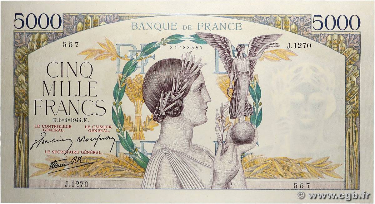5000 Francs VICTOIRE Impression à plat FRANCE  1944 F.46.51 pr.SPL