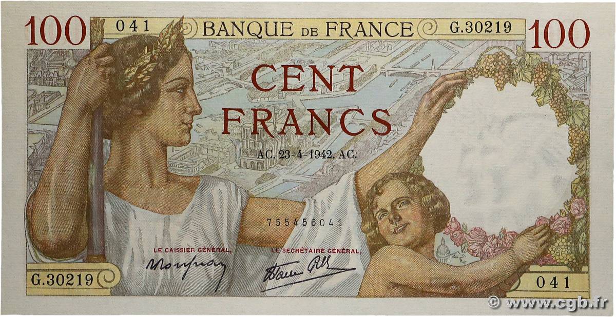 100 Francs SULLY FRANCE  1942 F.26.70 NEUF