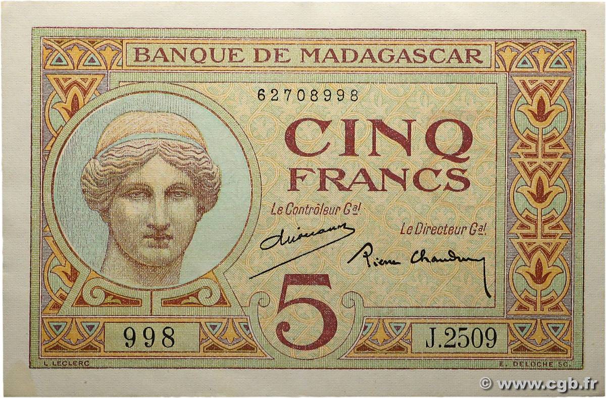 5 Francs MADAGASCAR  1937 P.035 SPL+