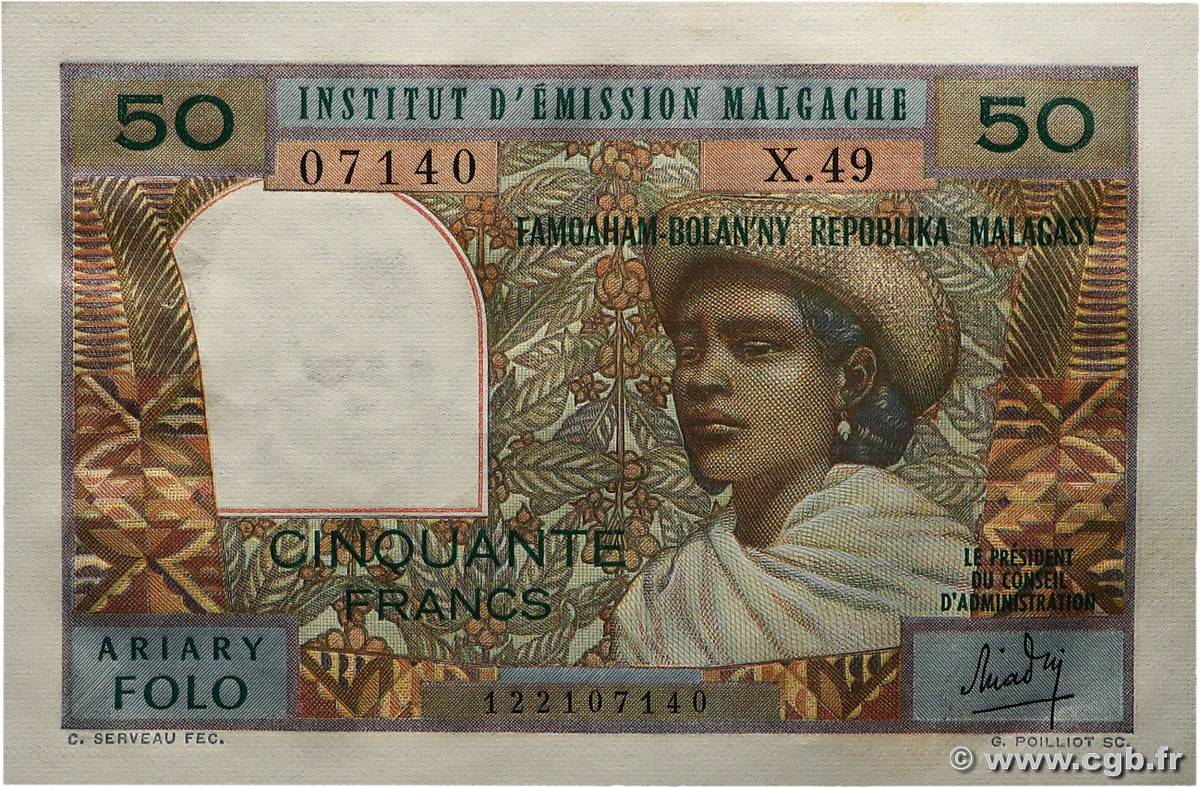 50 Francs - 10 Ariary MADAGASCAR  1969 P.061 XF+